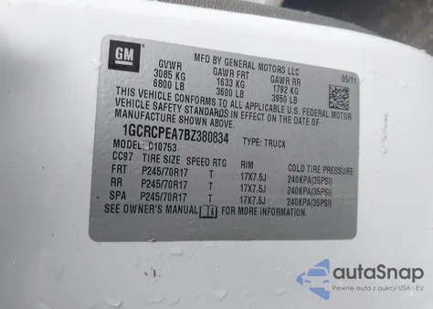 2011 Chevrolet Silverado 1500 Work Truck from USA, damaged, VIN 1GCRCPEA7BZ380834